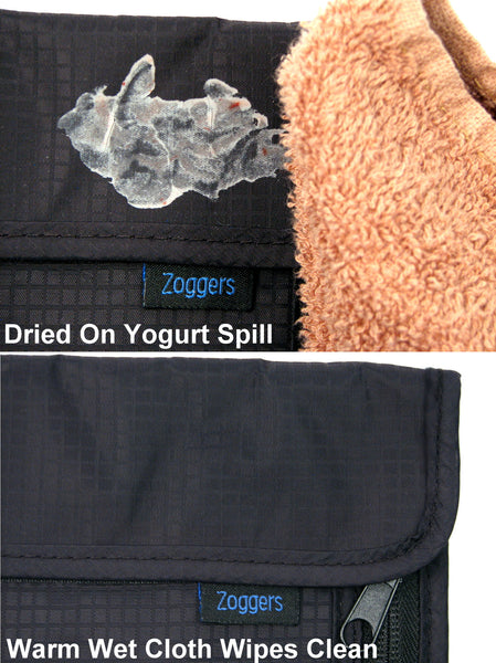 Wearable Travel Wallet Cleans Easily - Before and After Yogurt Spill